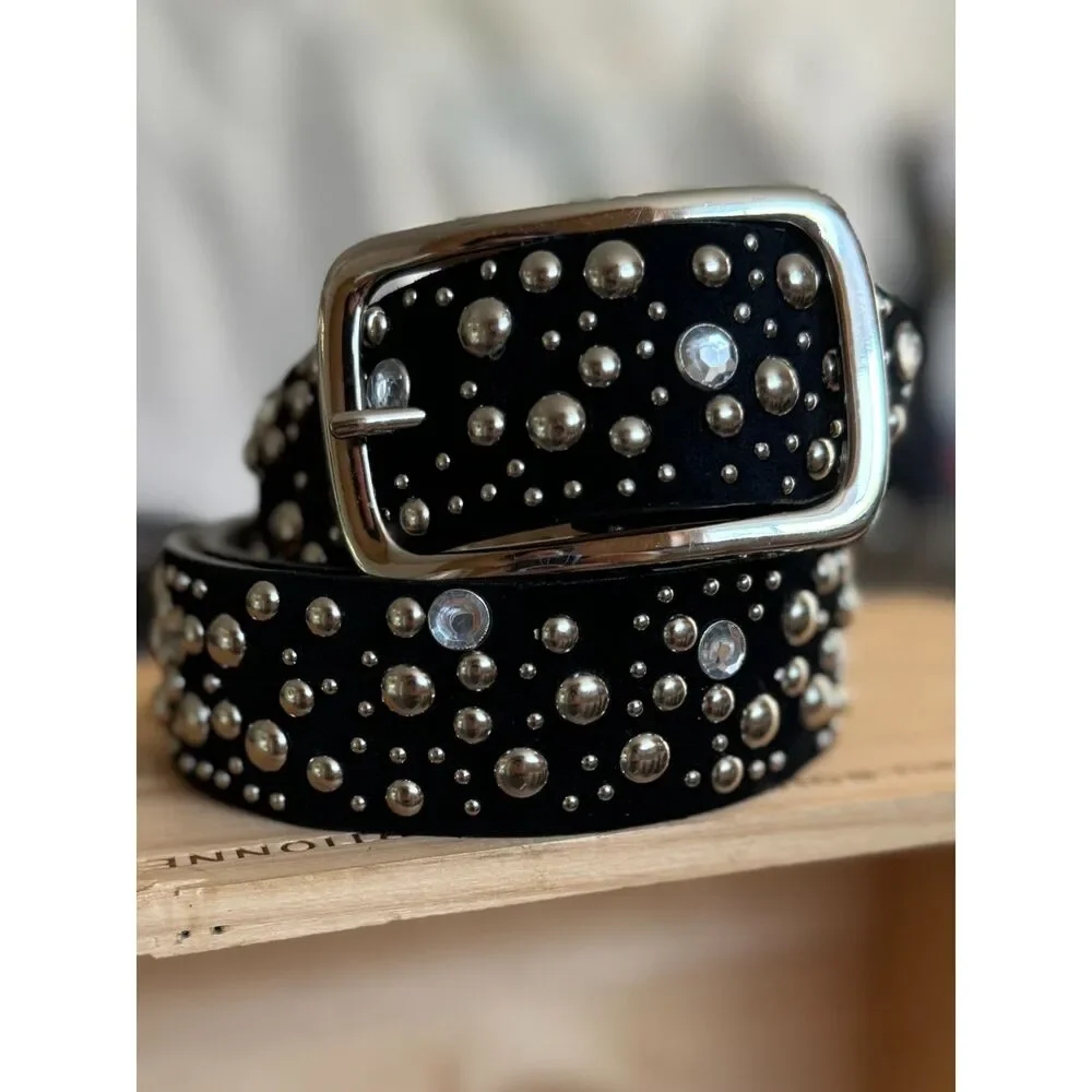 100% Black Leather Circle Stud & Rhinestone Belt Size 2XL Silver Tone Hardware
